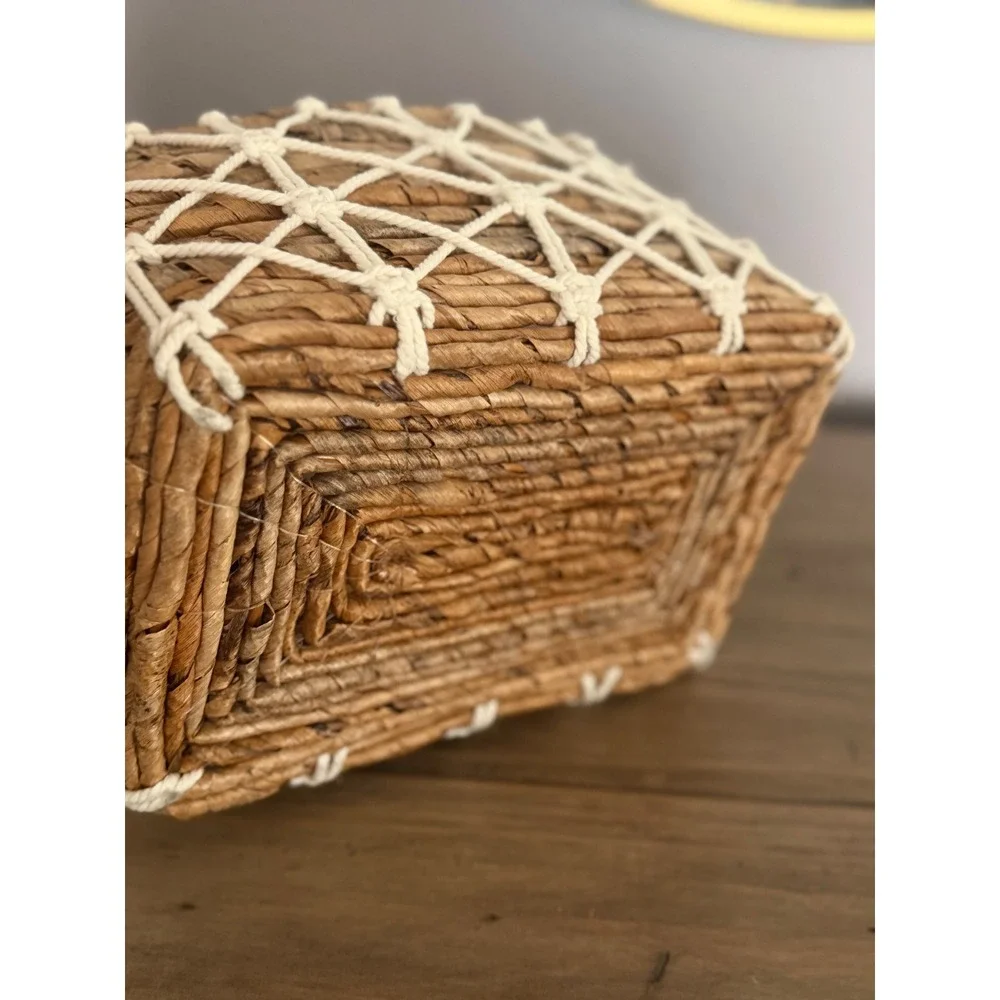 Boho Woven Seagrass Basket Macrame Overlay Rope Handles Small Storage
